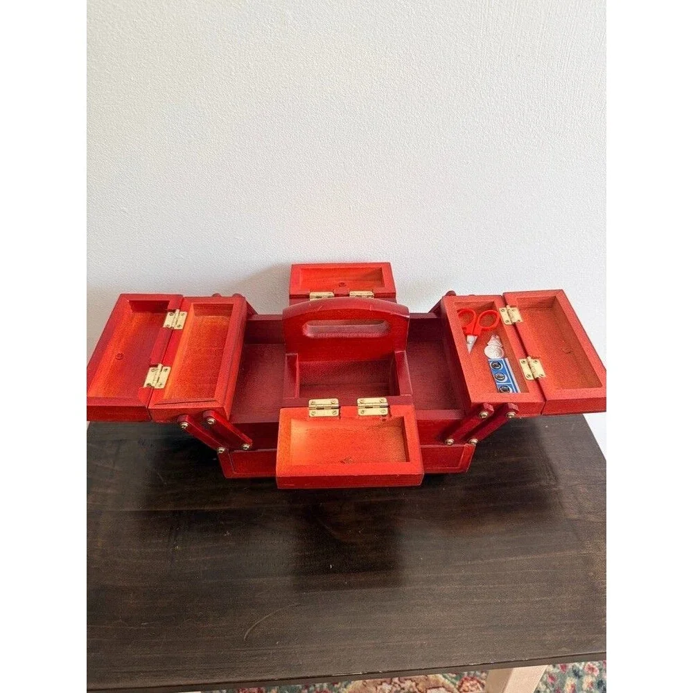 Vintage Red Wooden 2 Tier Cantilever/Accordion Sewing Kit w/feet includes thread
